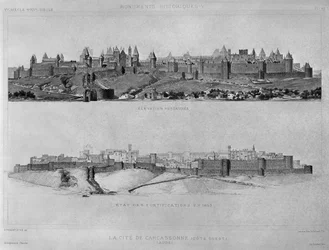Utsikt över Carcassonne från västsidan, befästningarnas och stadens tillstånd år 1853, illustration ur Monuments Historiques, utgiven av Laurens et Schmidt éditeurs